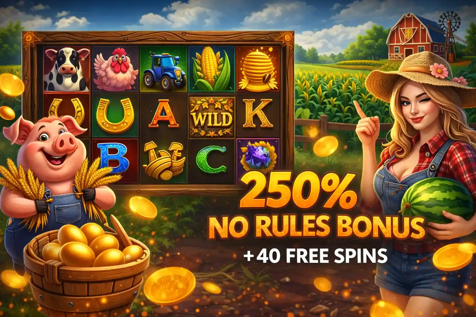 Farm-themed slot welcome banner with bonus offer and characters in Bangladesh